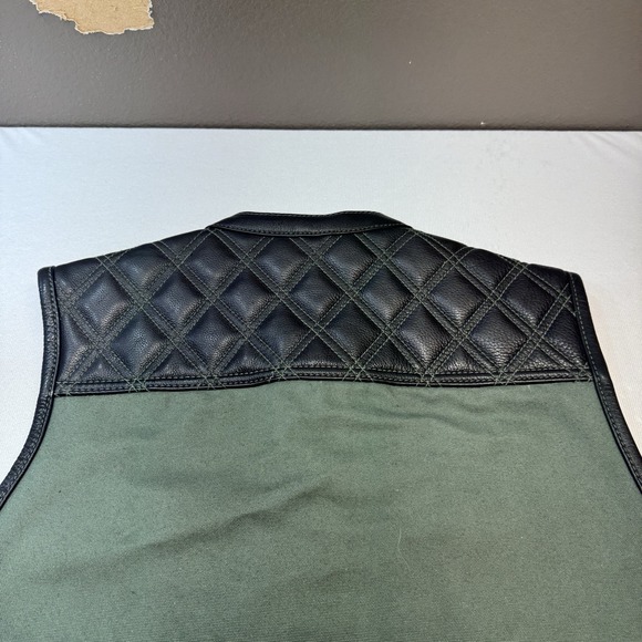 First MFG Co Hunt Club Green Canvas Black Leather Motorcycle Riding Vest Small - Picture 11 of 15